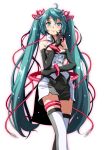  1girl :3 aqua_eyes aqua_hair bangs bare_shoulders black_gloves black_shorts blush bracelet breast_tattoo breasts cable cleavage_cutout closed_mouth commentary_request elbow_gloves eyebrows_visible_through_hair feet_out_of_frame gloves hatsune_miku highres index_finger_raised jacket jewelry long_hair looking_at_viewer nijigen_dream_fever_(vocaloid) number_tattoo project_diva_(series) shorts simple_background sleeveless_jacket small_breasts smile solo standing tattoo thigh-highs thigh_strap tsukishiro_saika twintails very_long_hair vocaloid white_background white_jacket white_legwear 