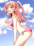  1girl ass bikini blue_sky blush_stickers breasts clouds cloudy_sky green_eyes highres long_hair nemoto_hina open_mouth outdoors pink_hair sky smiley_face swimsuit thong_bikini v watashi_ga_motenai_no_wa_dou_kangaetemo_omaera_ga_warui! zatou_(kirsakizato) 