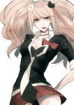  1girl bear_hair_ornament black_shirt blonde_hair blue_eyes bow breasts choker cleavage collarbone commentary_request dangan_ronpa dangan_ronpa_1 enoshima_junko hair_ornament hand_on_hip large_breasts long_hair looking_at_viewer miniskirt necktie pink_hair red_bow red_skirt sakuyu shirt simple_background skirt solo tongue tongue_out twintails two-tone_neckwear white_background 