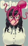  1girl animal animal_on_head bangs black-framed_eyewear black_eyes black_hair blunt_bangs breasts collared_shirt commentary english_text glasses highres large_breasts long_hair looking_at_viewer neck_ribbon octopus on_head original parted_lips ribbon ryokucha_michi shirt simple_background solo tentacle upper_body white_shirt 