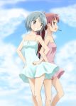  2girls :d bangs bare_arms bare_legs bare_shoulders blue_dress blue_eyes blue_hair blush clouds cloudy_sky covered_navel day dress eyebrows_visible_through_hair feet_out_of_frame food grin hand_on_hip highres jewelry kinfuji locked_arms long_hair looking_away looking_to_the_side mahou_shoujo_madoka_magica miki_sayaka multiple_girls open_mouth outdoors pink_dress pocky ponytail purple_hair ring sakura_kyouko short_hair sideways_mouth sky sleeveless sleeveless_dress smile standing sundress teeth violet_eyes 