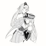  bismarck_(kantai_collection) braid crown detached_sleeves dress french_braid hat kantai_collection long_hair long_sleeves military military_uniform mini_crown monochrome off-shoulder_dress off_shoulder peaked_cap uniform warspite_(kantai_collection) weidashming 