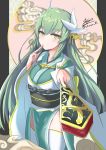  1girl absurdres bangs blurry blurry_background blush closed_mouth commentary_request depth_of_field dragon_horns eyebrows_visible_through_hair fate/grand_order fate_(series) green_eyes green_hair green_kimono hair_between_eyes hair_ornament hands_up highres holding horns ichikawayan japanese_clothes kimono kiyohime_(fate/grand_order) long_hair long_sleeves obi sash signature smile solo thigh-highs twitter_username very_long_hair white_legwear wide_sleeves 