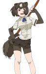 1girl animal_ears ass_visible_through_thighs bangs bare_legs bear_ears bear_paw_hammer bear_tail bike_shorts brown_bear_(kemono_friends) brown_eyes brown_hair collared_shirt extra_ears eyebrows_visible_through_hair fingerless_gloves floating_hair gloves hand_on_hip hand_up highres holding holding_weapon kemono_friends looking_at_viewer microskirt multicolored_hair open_mouth over_shoulder shirt short_sleeves shorts shorts_under_skirt simple_background skirt smile solo standing tail tanabe_(fueisei) two-tone_hair upper_teeth weapon weapon_over_shoulder white_background white_hair wind wing_collar 