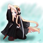 1girl :&lt; abigail_williams_(fate/grand_order) bangs black_legwear black_pants blonde_hair blue_eyes blurry blurry_background blush closed_mouth commentary_request cosplay cosplay_request depth_of_field eyebrows_visible_through_hair fate/grand_order fate_(series) forehead full_body hakama_pants hand_up haori highres holding holding_sword holding_weapon japanese_clothes katana kujou_karasuma long_hair long_sleeves one_knee pants parted_bangs red_footwear signature socks solo sword v-shaped_eyebrows very_long_hair weapon wide_sleeves 