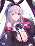  1girl ;p absurdres azur_lane bangs bare_shoulders black_bow black_hairband black_ribbon black_skirt bow brown_jacket closed_mouth collared_shirt commentary_request eyebrows_visible_through_hair hair_between_eyes hair_ribbon hairband hand_up highres hobby_(azur_lane) jacket long_hair long_sleeves midriff navel off_shoulder one_eye_closed open_clothes open_jacket puffy_long_sleeves puffy_sleeves purple_hair red_eyes ribbon shirt simple_background skirt sleeveless sleeveless_shirt sleeves_past_fingers sleeves_past_wrists smile solo suisen-21 suspender_skirt suspenders tongue tongue_out very_long_hair white_background white_shirt zipper_pull_tab 