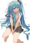  1girl :d absurdres aqua_neckwear bare_arms bare_legs bare_shoulders barefoot between_legs black_skirt blue_eyes blue_hair breasts collared_shirt grey_shirt hair_ornament hair_spread_out hatsune_miku head_tilt highres ibuki_(ibuki0118) invisible_chair long_hair looking_at_viewer miniskirt necktie open_mouth pleated_skirt shirt simple_background sitting skirt sleeveless sleeveless_shirt small_breasts smile solo thighs twintails v_arms very_long_hair vocaloid white_background 