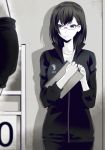  1girl bangs black_hair clipboard commentary_request glasses haikyuu!! highres holding holding_clipboard kuso_bba looking_at_another mole mole_under_mouth rimless_eyewear shimizu_kiyoko shirt standing track_suit violet_eyes white_shirt 