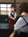  2girls :t akagi_(kantai_collection) annin_musou blue_hakama blurry brown_eyes brown_hair cowboy_shot depth_of_field eating food hakama hakama_skirt highres japanese_clothes kaga_(kantai_collection) kantai_collection long_hair multiple_girls muneate onigiri red_hakama side_ponytail sink solo_focus straight_hair sweat table tasuki window younger 