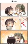  2girls 3koma :d ^_^ absurdres artist_name blush brown_eyes brown_hair closed_eyes closed_eyes comic commentary_request eating eyebrows_visible_through_hair food green_eyes green_hair hair_between_eyes highres holding holding_spoon japanese_clothes kaga_(kantai_collection) kantai_collection multiple_girls open_mouth pudding short_hair side_ponytail smile sparkle spoon spoon_in_mouth taisa_(kari) tasuki translation_request twintails zuikaku_(kantai_collection) 