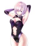  1girl armpits arms_behind_head black_leotard breasts cleavage cleavage_cutout cowboy_shot elbow_gloves eyebrows_visible_through_hair fate/grand_order fate_(series) gloves hair_between_eyes hair_over_one_eye highleg highleg_leotard highres leotard mash_kyrielight medium_breasts midriff navel navel_cutout open_mouth pink_hair rikudou_inuhiko short_hair simple_background solo standing stomach violet_eyes white_background 