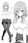  1girl bangs breasts cardigan cleavage closed_mouth collarbone go-toubun_no_hanayome greyscale hair_between_eyes headphones headphones_around_neck highres inanaki_shiki large_breasts legs long_sleeves looking_at_viewer medium_hair midriff monochrome nakano_miku navel pantyhose shirt skirt solo thighs 