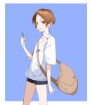  1girl arm_at_side arm_up bag black_shorts brown_eyes brown_hair cicari clenched_teeth commentary_request grin headphones highres holding holding_phone looking_at_viewer messenger_bag original parted_lips phone shirt short_hair shorts shoulder_bag smile solo standing teeth white_shirt 