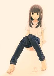  1girl bangs barefoot black_pants blush brown_eyes brown_hair denim eyebrows_visible_through_hair feet full_body highres jeans kokudou_juunigou long_hair looking_at_viewer open_mouth original panties pants pants_pull pulled_by_self shirt short_sleeves sitting solo toenails toes translated underwear upper_teeth white_panties white_shirt 