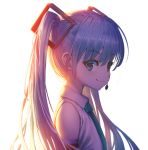  1girl 39 aqua_neckwear bangs blue_eyes blue_hair closed_mouth detached_sleeves eyebrows_visible_through_hair hatsune_miku headset highres long_hair looking_at_viewer necktie simple_background smile solo twintails upper_body vocaloid wakuwakumkg white_background 