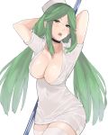  1girl breasts dress goddess green_eyes green_hair hat highres j@ck jewelry kid_icarus kid_icarus_uprising large_breasts long_hair looking_at_viewer necklace nintendo nurse nurse_cap open_mouth palutena pole solo super_smash_bros. super_smash_bros._ultimate thigh-highs tiara tongue tongue_out twintails very_long_hair 