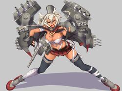  1girl black_gloves black_legwear breasts budget_sarashi cannon commentary_request dark_skin glasses gloves grey_background hair_between_eyes headgear kantai_collection kikumon large_breasts light_brown_hair machinery miniskirt musashi_(kantai_collection) partly_fingerless_gloves platinum_blonde_hair pointy_hair red_skirt rudder_footwear sarashi semi-rimless_eyewear shingyo short_hair_with_long_locks simple_background skirt smokestack solo thigh-highs turret twintails two_side_up under-rim_eyewear 