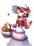  1girl baguette basket blush bow bread brown_eyes brown_hair brown_neckwear closed_mouth coffee_cup cup disposable_cup dress earrings food hat hat_bow head_tilt heart highres holding holding_basket holding_cup jewelry long_hair long_sleeves looking_at_viewer original red_bow red_shirt shirt simple_background smile solo sugar_(dndi888) sun_hat white_background white_dress white_hat white_shirt 