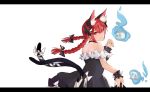  1girl alternate_costume animal_ear_fluff animal_ears arms_up bare_shoulders black_choker black_dress braid cat_ears cat_tail choker dress extra_ears flaming_skull frilled_dress frills from_side hair_between_eyes hair_ribbon head_tilt hiemal_(winter_crow) highres kaenbyou_rin letterboxed looking_at_viewer looking_back multiple_tails panties pantyshot pantyshot_(standing) red_eyes redhead ribbon short_hair simple_background smile solo standing strapless strapless_dress tail tail_ribbon touhou tress_ribbon twin_braids underwear upper_body white_background white_panties wrist_cuffs 