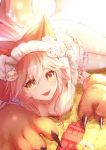  1girl animal_ear_fluff animal_ears apron bangs bare_shoulders bell bell_collar blush breasts cat_hair_ornament cat_paws claws cleavage collar collar_removed collarbone dolce_(dolsuke) fangs fate/extra fate/grand_order fate_(series) fox_ears fox_girl fox_tail frills gloves hair_between_eyes hair_ornament highres jingle_bell large_breasts long_hair looking_at_viewer lying maid_headdress naked_apron open_mouth paw_gloves paws pink_hair ponytail sidelocks smile solo sunlight tail tamamo_(fate)_(all) tamamo_cat_(fate) thighs 