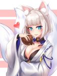  1girl absurdres animal_ear_fluff animal_ears azur_lane bangs blue_eyes blush breasts chocolate cleavage collarbone eyebrows_visible_through_hair eyeliner fox_ears fox_girl fox_tail hand_up heart highres holding holding_chocolate japanese_clothes kaga_(azur_lane) kikumon large_breasts long_sleeves looking_at_viewer makeup multiple_tails open_mouth pikorupi_(e_ni14) short_hair silver_hair smile solo tail upper_body valentine wide_sleeves wristband 