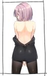  1girl ass bangs bare_back black_jacket black_legwear eyebrows_visible_through_hair fate_(series) from_behind highres jacket kei_(soundcross) looking_back mash_kyrielight off_shoulder open_clothes open_jacket pantyhose purple_hair shiny shiny_hair short_hair simple_background solo standing unzipped violet_eyes white_background zipper_pull_tab 