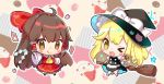  2girls :q ahoge apron ascot bangs beige_background black_footwear black_hat black_skirt black_vest blonde_hair blush bow braid broom brown_eyes brown_hair chibi commentary_request cupcake detached_sleeves eyebrows_visible_through_hair food fruit full_body gohei hair_bow hakurei_reimu hat hat_bow holding holding_broom kirisame_marisa long_hair long_sleeves looking_at_viewer mini-hakkero multiple_girls natsuki_(ukiwakudasai) ofuda one_eye_closed open_mouth outline petticoat red_bow red_skirt shoes simple_background single_braid skirt skirt_set smile socks star strawberry tongue tongue_out touhou very_long_hair vest waist_apron white_apron white_bow white_footwear white_legwear white_outline wide_sleeves yellow_neckwear 