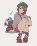  1girl backpack bag brown_eyes brown_hair closed_mouth creatures_(company) female_protagonist_(pokemon_swsh) game_freak gen_8_pokemon green_hat hat holding holding_poke_ball hood hooded_sweater knees_up long_sleeves nintendo poke_ball pokemon pokemon_(creature) pokemon_(game) pokemon_swsh shoes short_hair simple_background sitting smile sobble sweater tam_o&#039;_shanter yume_ou 