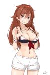  1girl :d absurdres alternate_hair_length alternate_hairstyle bikini_top breasts brown_eyes brown_hair cleavage headband highres kantai_collection long_hair navel neve open_mouth remodel_(kantai_collection) shiratsuyu_(kantai_collection) shorts smile solo wristband 