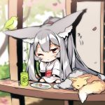  1girl absurdly_long_hair animal animal_ear_fluff animal_ears bangs barefoot blurry blurry_background blush chibi closed_mouth cup day depth_of_field eyebrows_visible_through_hair fox fox_ears fox_girl fox_tail grey_hair hair_between_eyes high_ponytail japanese_clothes kimono long_hair long_sleeves obi one_eye_closed original outdoors plate ponytail red_eyes sash sitting sleepy solo tail veranda very_long_hair white_kimono wide_sleeves yunomi yuuji_(yukimimi) 