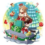  1girl asuna_(sao) bell black_footwear boots box braid breasts brown_eyes brown_hair choker christmas cleavage collarbone crossed_arms crown_braid elbow_gloves floating_hair fur-trimmed_boots fur-trimmed_gloves fur_hat fur_trim gift gift_box gloves hat highres kneeling layered_skirt leaning_forward long_hair looking_at_viewer medium_breasts midriff official_art pleated_skirt print_skirt red_gloves red_skirt shiny shiny_hair skirt smile solo stomach strapless striped sword_art_online thigh-highs thigh_boots thigh_strap very_long_hair 