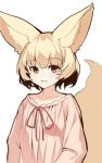  1girl animal_ear_fluff animal_ears bangs blonde_hair blush collarbone dress eyebrows_visible_through_hair fox_ears fox_girl fox_tail hair_between_eyes highres looking_at_viewer neck_ribbon original parted_lips pink_dress red_eyes red_ribbon ribbon short_hair simple_background solo tail upper_body white_background yuuji_(yukimimi) 