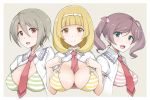  3girls :d aqua_eyes bangs between_breasts bikini_top blunt_bangs blush breasts character_request cleavage closed_mouth cropped_torso green_bikini_top grey_background grey_hair hair_between_eyes hair_ribbon hairband large_breasts looking_at_viewer medium_breasts multiple_girls necktie necktie_between_breasts open_clothes open_mouth open_shirt parted_bangs pink_bikini_top pink_ribbon purple_hair red_eyes red_neckwear ribbon senki_zesshou_symphogear shirt short_hair short_sleeves simple_background smile striped_bikini_top tareme twintails upper_body upper_teeth white_hairband white_shirt yatsune_rika yellow_bikini_top 