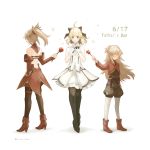  3girls artoria_pendragon_(all) backless_outfit black_bow black_legwear black_ribbon blonde_hair blush boots bow brown_shorts choker detached_sleeves dress fate_(series) father&#039;s_day full_body hair_bow hair_ornament hair_over_eyes hair_scrunchie hand_on_hip high_heel_boots high_heels high_ponytail highres long_hair long_sleeves mordred_(fate) mordred_(fate)_(all) multiple_girls neck_ribbon red_footwear red_scrunchie red_sleeves ribbon saber_lily scrunchie short_dress shorts simple_background sleeveless sleeveless_dress standing strapless strapless_dress thigh-highs touru_10ru white_background white_dress 