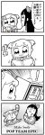  ! 2girls 4koma :3 arm_up bangs bkub book bow clenched_hands closed_eyes comic commentary emphasis_lines english_text eyebrows_visible_through_hair greyscale hair_bow hair_ornament hair_scrunchie halftone highres holding holding_book holding_money long_hair midair money monochrome motion_lines multiple_girls neckerchief pipimi poptepipic popuko sailor_collar school_uniform scrunchie serafuku shoes short_hair short_twintails sidelocks simple_background skirt smile speech_bubble spoken_exclamation_mark talking translation_request twintails two_side_up white_background 