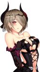  1girl bare_shoulders blush breasts cleavage commentary_request elbow_gloves fake_horns fishnet_gloves fishnets gloves grey_hair hair_over_one_eye hands_on_own_chest heart heart-shaped_pupils highres honkai_(series) honkai_impact_3 large_breasts looking_at_viewer naughty_face navel off_shoulder open_mouth revealing_clothes rita_rossweisse ruo_zhishi_chu_jian short_hair symbol-shaped_pupils under_boob undressing upper_body violet_eyes 