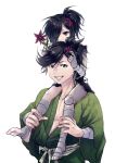  1boy 1girl black_hair brown_eyes carrying dororo_(character) dororo_(tezuka) flower genderswap genderswap_(ftm) genderswap_(mtf) guruff0121 hair_ornament hair_over_one_eye hyakkimaru_(dororo) japanese_clothes katana long_hair older ponytail prosthesis prosthetic_arm red_eyes sheath short_hair solo sword weapon younger 