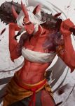  1girl abs black_sclera breasts cleavage closed_eyes collarbone commentary commission english_commentary fangs_out high_ponytail looking_at_viewer martasketch medium_breasts muscle muscular_female navel oni original red_skin sarashi solo white_hair yellow_eyes 