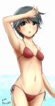  1girl arm_up armpits artist_name bangs bikini black_hair breasts brown_eyes collarbone commentary_request cowboy_shot h2_(h20000000) kantai_collection lowleg lowleg_bikini mogami_(kantai_collection) navel open_mouth red_bikini short_hair side-tie_bikini small_breasts solo sparkle swept_bangs swimsuit 