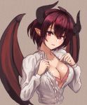  1girl blush bra breasts cleavage collarbone commentary_request dragon_girl dragon_horns dragon_wings granblue_fantasy grea_(shingeki_no_bahamut) head_tilt horns looking_at_viewer manaria_friends moppo pink_bra pointy_ears purple_hair shirt short_hair solo underwear undressing upper_body violet_eyes white_shirt wings 