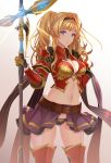  1girl armor bangs belt black_hairband blonde_hair blue_eyes braid breasts buckle cleavage cleavage_cutout commentary_request cowboy_shot crown_braid gauntlets granblue_fantasy grin groin hair_between_eyes hair_ornament hairband highres holding holding_weapon koyaya large_breasts long_hair navel open_clothes open_skirt panties pauldrons pleated_skirt purple_skirt sidelocks skirt smile solo stomach thigh-highs twintails underwear weapon zeta_(granblue_fantasy) 