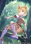  1girl :p animal_ears animal_print beige_vest blonde_hair boots bow collared_shirt commentary_request elbow_gloves essual_(layer_world) extra_ears eyebrows_visible_through_hair footwear_bow gloves highres kemono_friends kemono_friends_3 leopard_(kemono_friends) leopard_ears leopard_girl leopard_print leopard_tail multicolored_hair necktie official_art one_eye_closed pleated_skirt print_gloves print_legwear print_necktie print_skirt shirt short_hair short_sleeves skirt solo t-shirt tail thigh-highs tongue tongue_out translation_request white_footwear white_hair white_shirt yellow_bow yellow_eyes zettai_ryouiki 