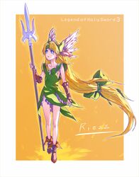  1girl blonde_hair blue_eyes breasts bridal_gauntlets commentary_request dress forehead_jewel green_dress helmet long_hair low-tied_long_hair pauldrons polearm riesz seiken_densetsu seiken_densetsu_3 solo spear tamago_tomato very_long_hair weapon winged_helmet 