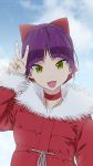  1girl :d akagi_(fmttps) artist_name bangs blue_sky bow cat_girl choker clouds cloudy_sky coat commentary_request day eyebrows_visible_through_hair fangs fur-trimmed_coat fur_trim gegege_no_kitarou hair_bow highres long_sleeves looking_at_viewer nekomusume nekomusume_(gegege_no_kitarou_6) open_mouth outdoors partial_commentary pointy_ears purple_hair red_bow red_choker red_coat short_hair sky smile solo twitter_username upper_body v v-shaped_eyebrows yellow_eyes 