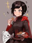 2girls artist_request black_hair blush_stickers bob_cut breasts chibi chibi_inset chocolate_chip_cookie cloak closed_mouth cross-laced_clothes eating grey_eyes highres holding long_sleeves multiple_girls plate red_cloak ruby_rose rwby short_hair source_request sparkle third-party_source translated twitter_username weiss_schnee