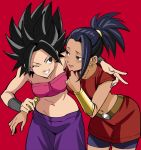 2girls :d ;d arm_around_shoulder bang bare_arms bare_shoulders belt black_eyes black_hair blush bracelet breasts caulifla chuya_hukuaka clenched_teeth commentary_request cowboy_shot dragon_ball dragon_ball_super earrings eyebrows_visible_through_hair eyes_visible_through_hair finger_gun fingernails happy high_ponytail highres jewelry kale_(dragon_ball) medium_breasts multiple_girls one_eye_closed open_clothes open_mouth pants pink_tubetop ponytail purple_pants red_background red_shirt red_skirt shaded_face shirt simple_background skirt smile spiky_hair standing strapless teeth thighs tubetop upper_body upper_teeth 