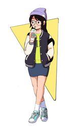  1girl 49s-aragon aqua_footwear backpack bag bangs beanie black_hair drink drinking drinking_straw full_body glasses hat jacket long_hair long_sleeves original pencil_skirt purple_hat shirt shoes skirt solo standing triangle yellow_shirt 