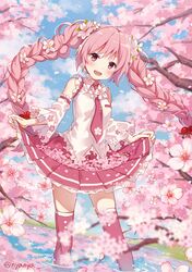  1girl 39 :d bare_shoulders blue_sky blurry blurry_foreground blush braid breasts cherry_blossoms clouds collared_shirt commentary_request day depth_of_field detached_sleeves floating_hair flower frilled_shirt frilled_skirt frills hair_bobbles hair_flower hair_ornament hatsune_miku headphones long_hair long_sleeves looking_at_viewer miniskirt necktie nyanya open_mouth outdoors petals petals_on_liquid pink pink_eyes pink_flower pink_hair pink_legwear pink_neckwear pink_skirt pleated_skirt ripples sakura_miku shirt sidelocks skirt skirt_hold sky small_breasts smile solo standing thigh-highs tree tree_branch twin_braids twintails twitter_username very_long_hair vocaloid wading water white_flower white_shirt wide_sleeves zettai_ryouiki 