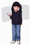  1girl 49s-aragon bangs black_hair blue_pants cellphone full_body glasses holding holding_phone long_hair long_sleeves looking_at_viewer original pants phone shoes smartphone solo standing twintails 