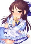  1girl apron blue_bow blush bow bowtie breasts brown_eyes brown_hair commentary cookie dot_nose dress dress_pull eat_me eyebrows_visible_through_hair food frills hair_bow hair_ornament heart heart-shaped_pupils idolmaster idolmaster_cinderella_girls idolmaster_cinderella_girls_starlight_stage light_blue_dress long_hair looking_at_viewer puffy_short_sleeves puffy_sleeves satou_kuuki short_sleeves simple_background small_breasts solo symbol-shaped_pupils tachibana_alice thigh-highs white_apron white_background white_legwear wrist_cuffs yellow_neckwear 